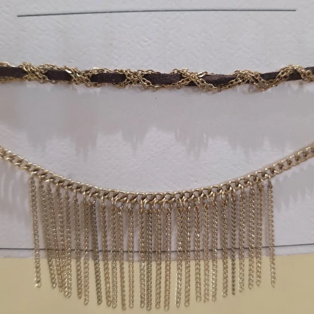 NWT Nordstrom Tribal Boho Festival Gold Chain Leather Choker Fringe Necklace